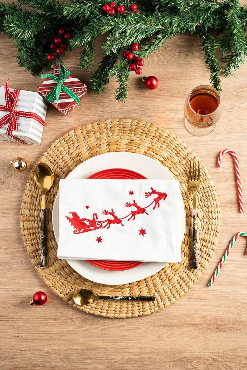 Candy Cottons Christmas Cloth Napkins White Dining Table Dinner Napkins |Washable Cotton Napkins Easter Basket Decor|Sleigh Embroidered 18x18 in White Pk of 6 Cocktail Party Napkins - Image 1